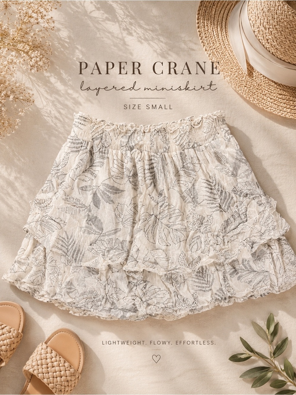 Paper Crane Ivory Mini Skirt with Gray Leaf Print